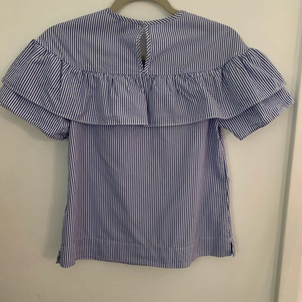 J. Crew Blue and White Striped Ruffle-Trim Blouse